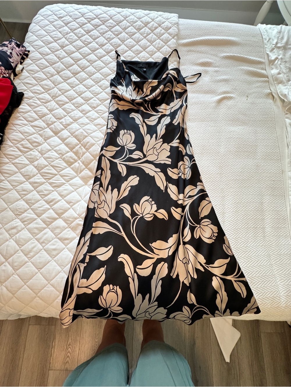White House Black Market Black Slip Midi Dress with Cream Floral Print